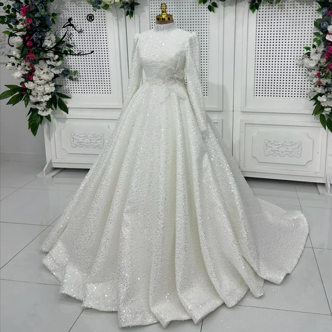 Floria Elegant High Neck Customized A-line with Flowers Sequins Embellished Wedding Dress for Women Bride 2025 Vestido De Novia