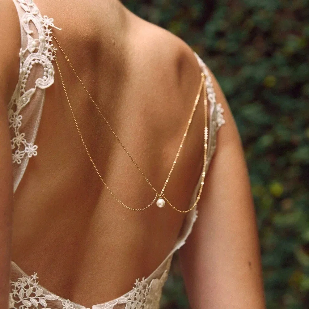 Double Deck Imitation Pearl Back Chain Bridal Dress Accessories Boho Women Simple Wedding Backless Necklace Prom Body Jewelry