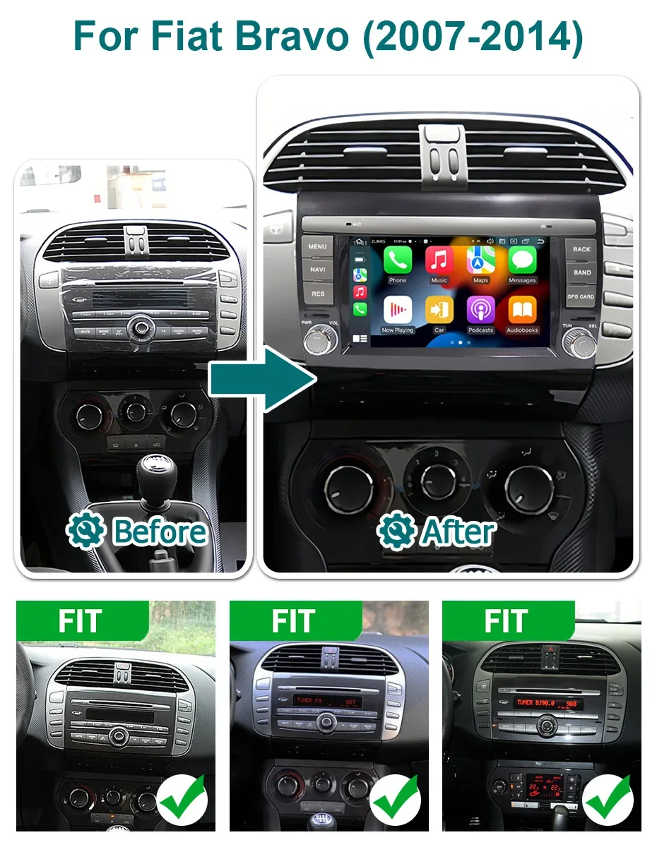 7'' Wireless Carplay Android Auto Autoradio GPS Bildschirm für Fiat Bravo 2007-2014 Bluetooth 2 din Android 15 Autoradio Multimedia Player WLAN 4G LTE – Detail 2