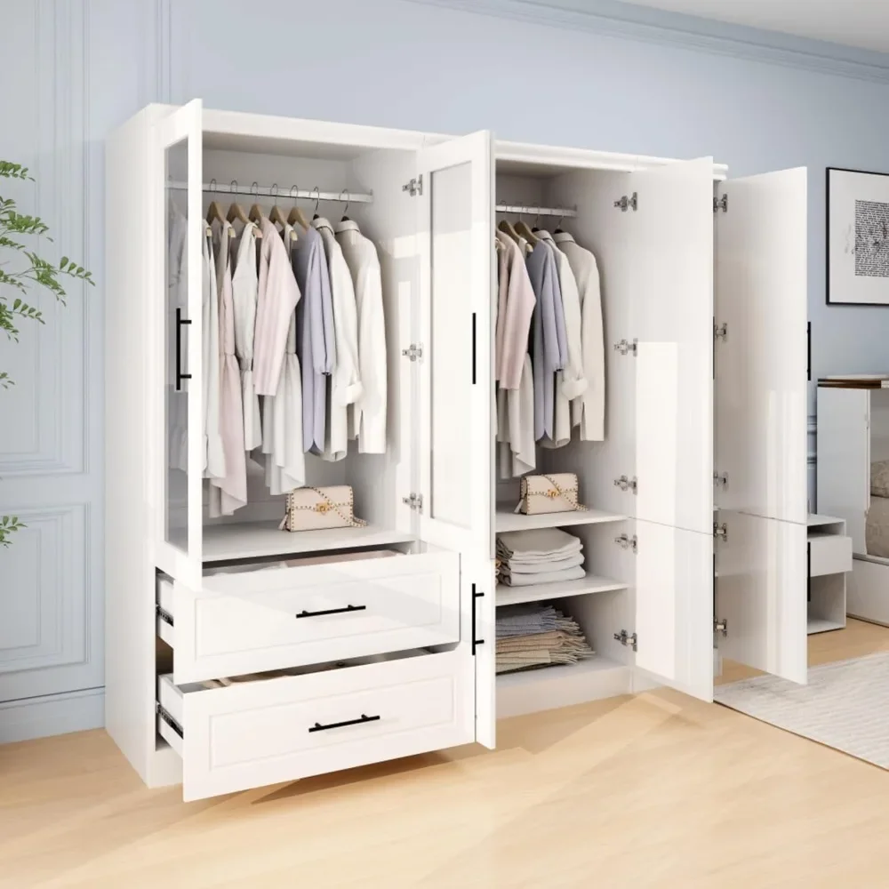 

Wardrobe Armoire with Door, Mirror, Drawer - White Wooden Closet (80W x 22D x 71H)