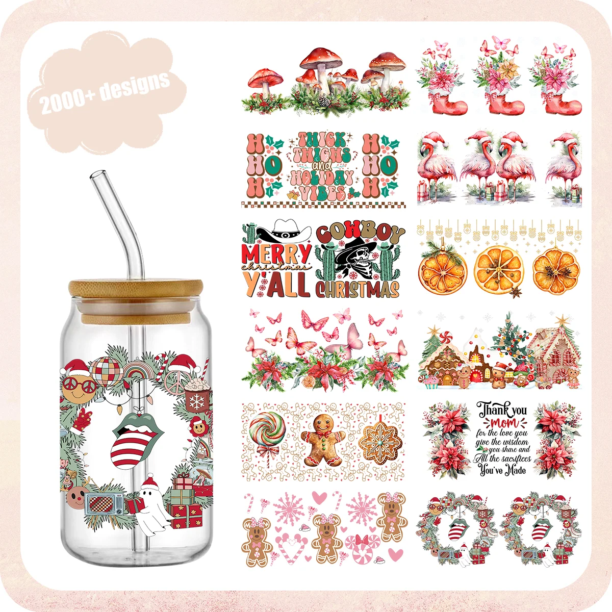 

UV DTF Christmas Glass Wraps for 16oz Cups DIY Waterproof Transfer Stickers Easy Apply Decals for Coffee Mugs Jars