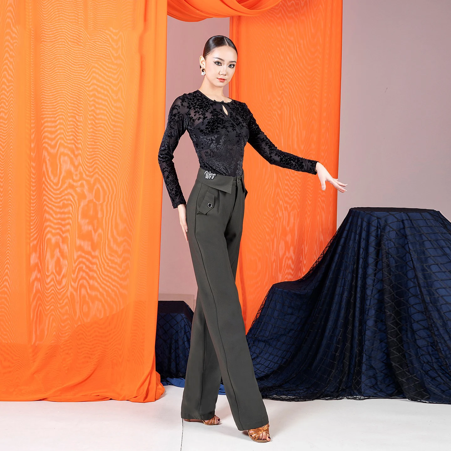 Abbigliamento da ballo latino Velluto nero Maniche lunghe Top Valzer per adulti Sala da ballo Pratica di ballo Indossare abiti da ballo nazionali DNV25135