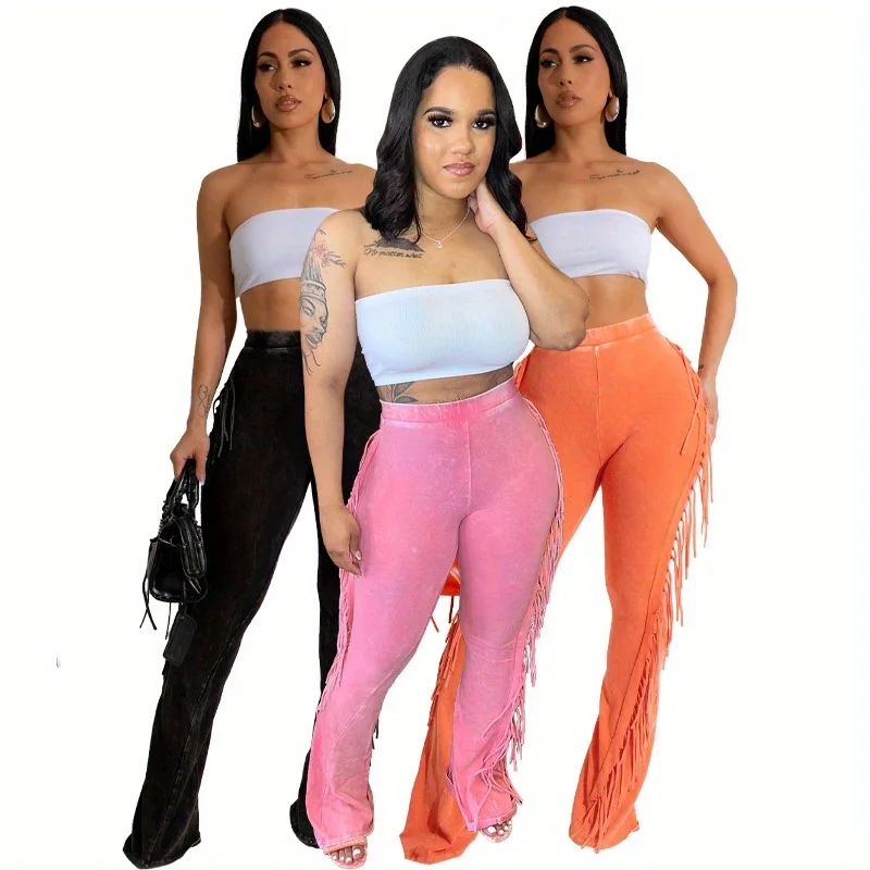 2025 신상 유럽 및 미국 캐주얼 여성 코튼 워싱 올드 태슬 스트레치 타이트 마이크로 플레어 팬츠 (의상 액세서리)