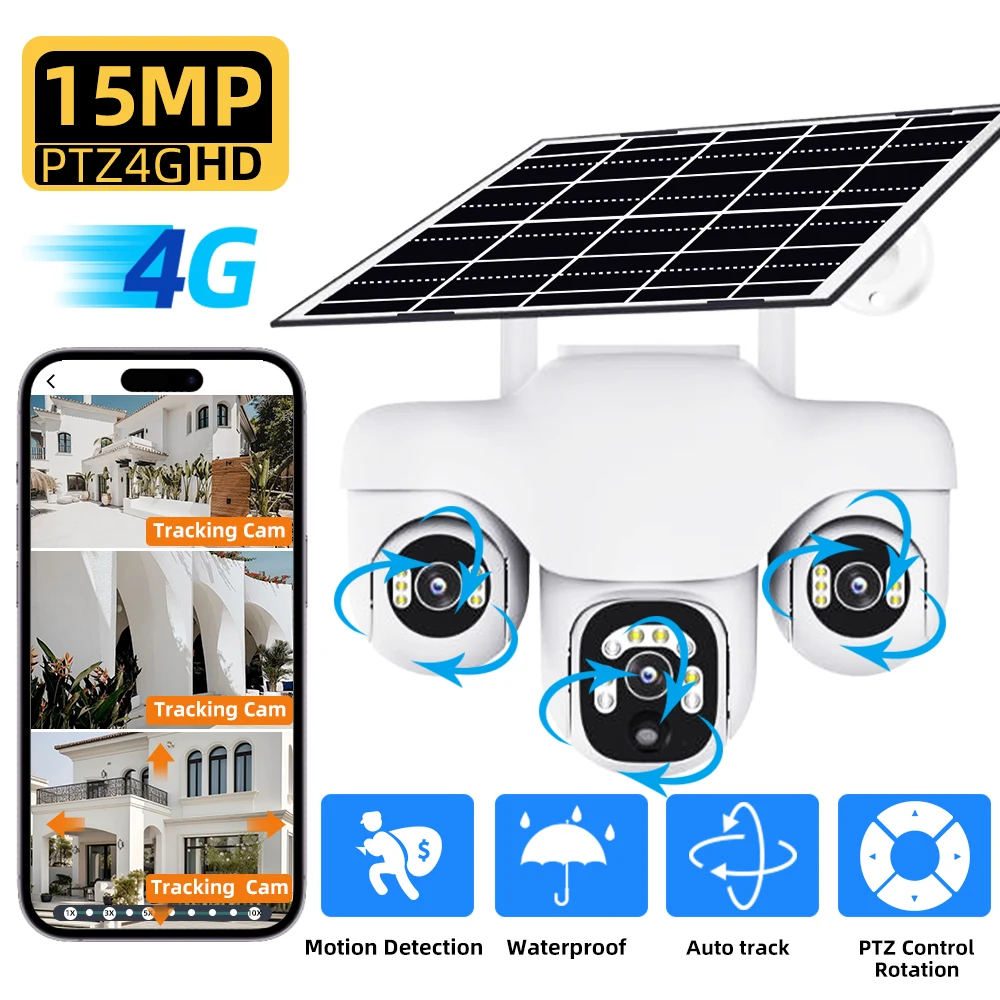 V380 PRO 15MP PTZ Triple Lens10X Zoom cámara Solar al aire libre Triple pantalla 4G seguimiento automático cámara CCTV inalámbrica inteligente impermeable