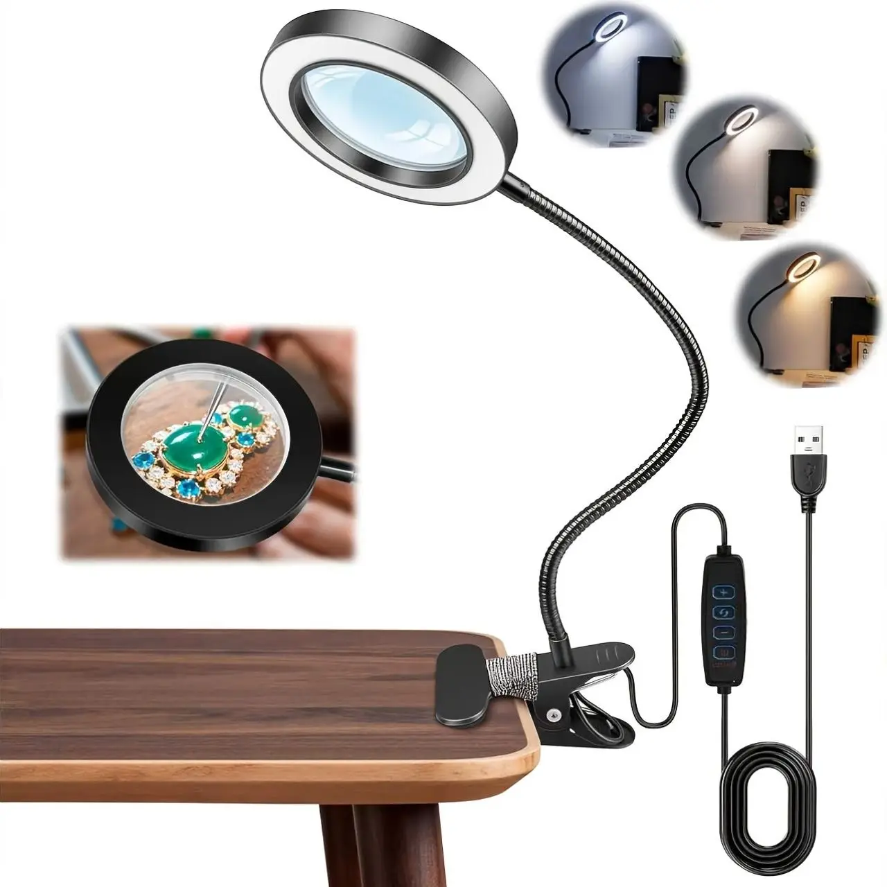 2-in-1 Clip-On Schreibtischlampe mit 5-facher Vergrößerung, 3 Farbmodi und 10 Helligkeitsstufen, LED-Röhre, flexibler Schwanenhals-Klemmleuchte, USB-betrieben, augenschonende Arbeitsleuchte für Büro,