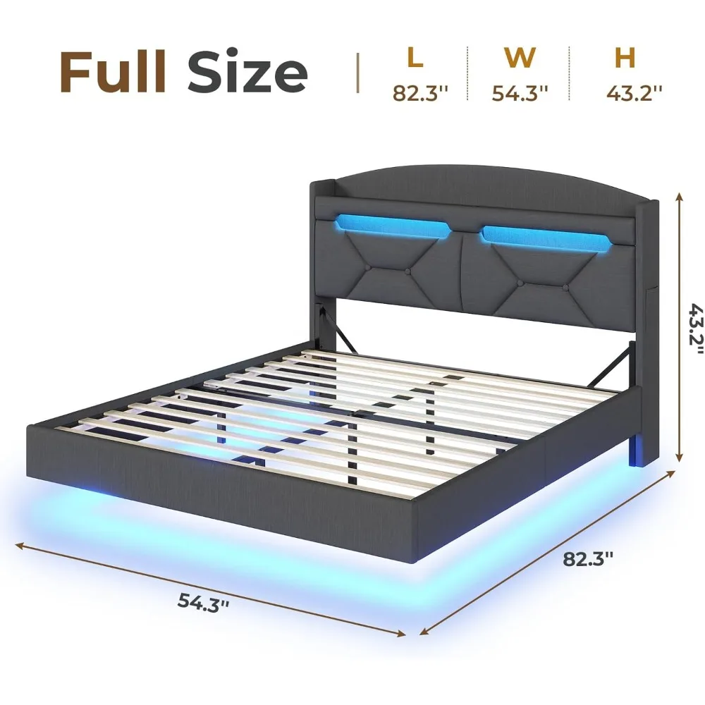 Full Size Floating Bed Frame LED Lights and Charging Station,Upholstered Platform Bed Frame with Storage Shelf Headboard