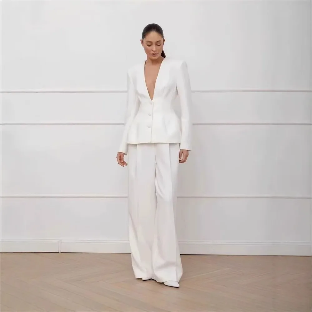 Donna Bianco 2 Pezzi Set Profondo scollo a V monopetto Blazer Cappotto Pantaloni a vita alta Donna Chic 2025 Primavera Office Lady Outfits