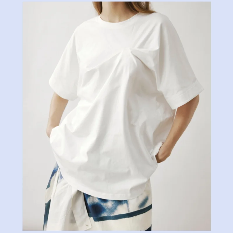 Women's 2026 Spring/Summer New Loose and Lazy Style Short Sleeve Pure Cotton Twisted Ruffle Design T-Shirt