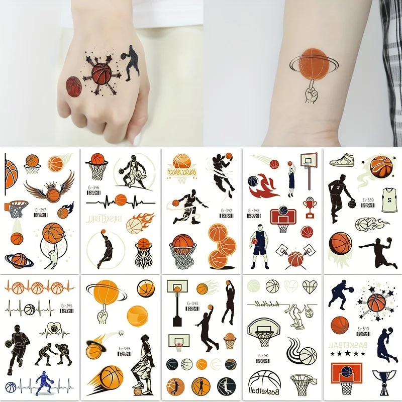 10Zhang Leuchtendes Glow Basketball Temporärer Tattoo Aufkleber, Wasserdichtes Basketball Gesichts tattoo, Geburtstags party Spiel Geschenk