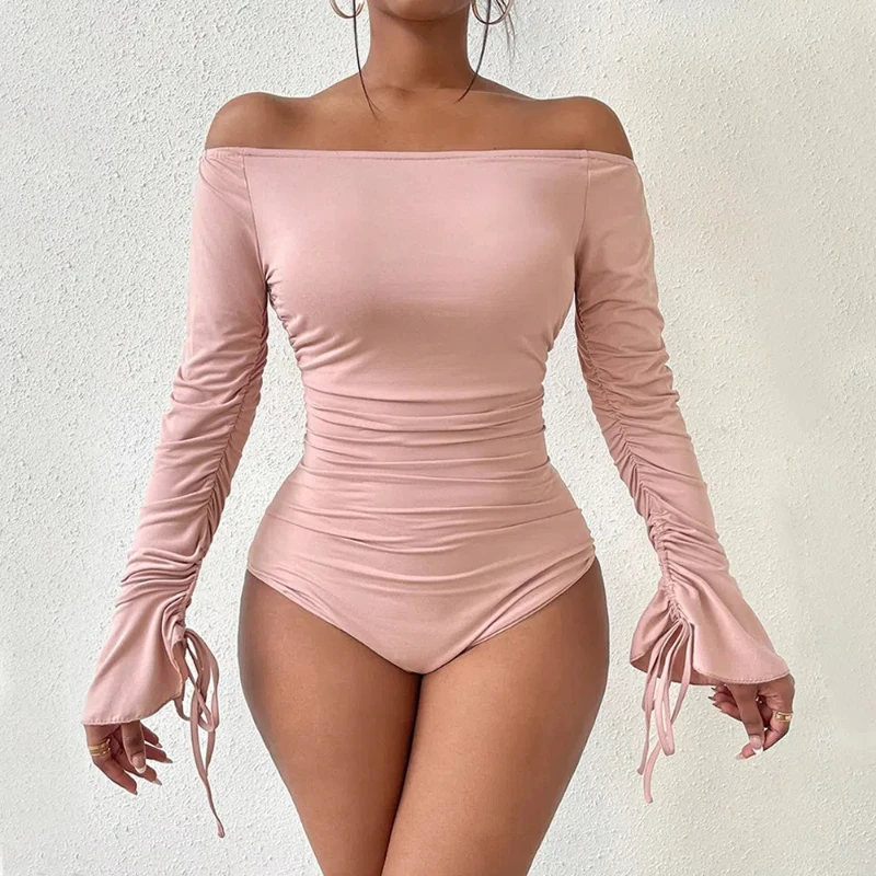 Women Sexy Hot Girl Cuffs Drawstring Fashion One Shoulder Slim Fit Bodysuit