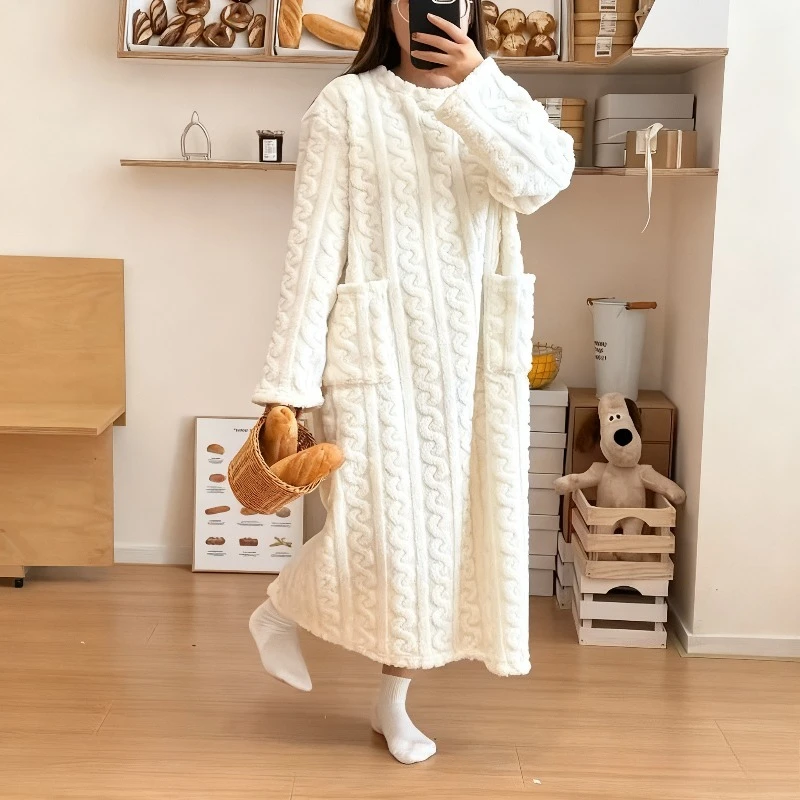Women Coral Fleece Sleepwear Autumn Winter Thickened Warm Loose Long Robe Pajamas Homewear Casual Outerwear Nightgown