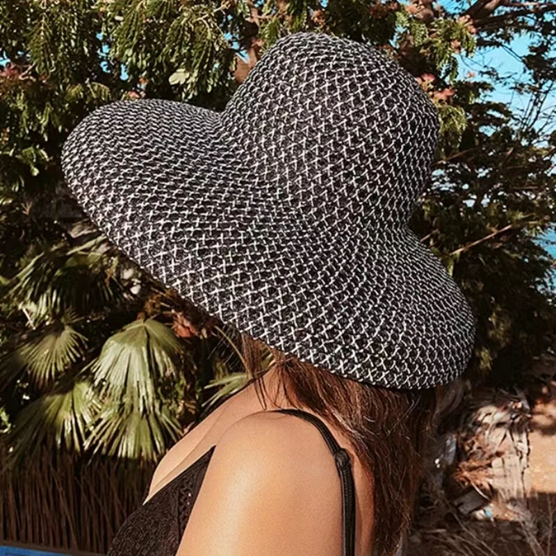 Sombrero de paja de ala ancha, visera de seda brillante, malla para el sol, gorra cóncava de Hepburn francés, protector solar para playa al aire