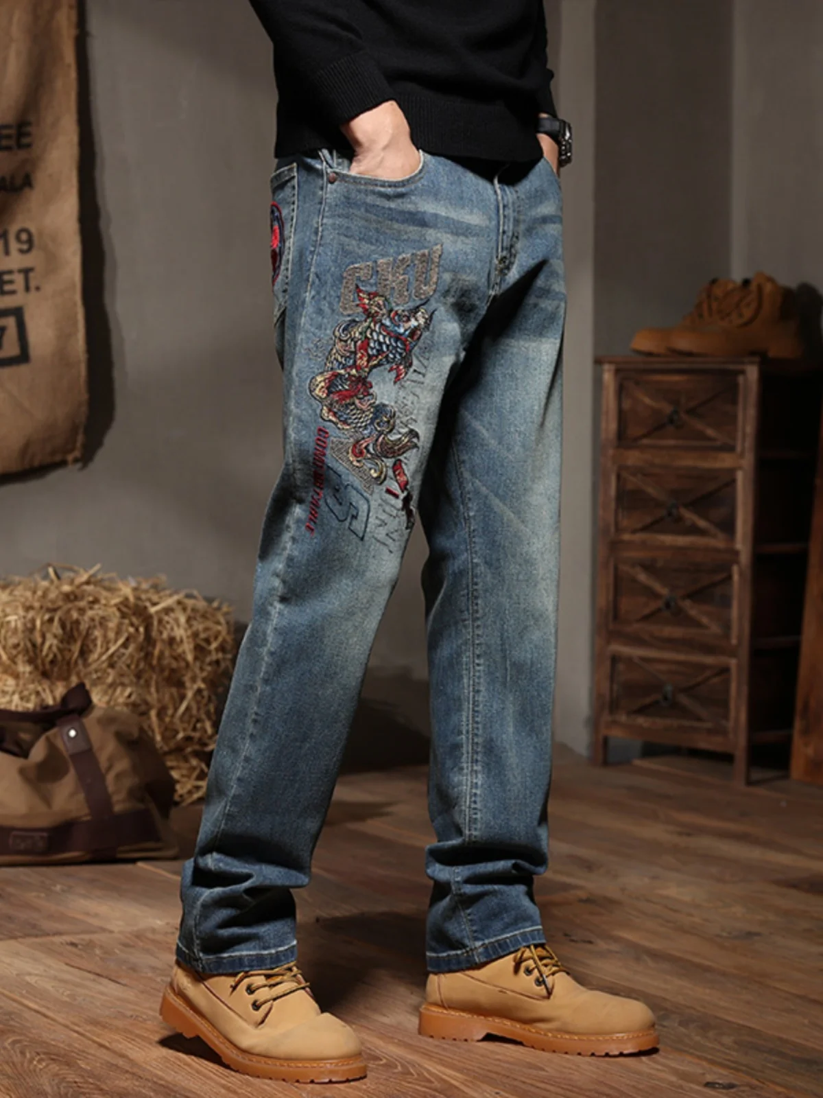 

Ele Embroidered Slim Fit Straight Leg Men's Jeans Heavy Industry Advanced Stitching Faionable Trendy Large Size Autumn ...