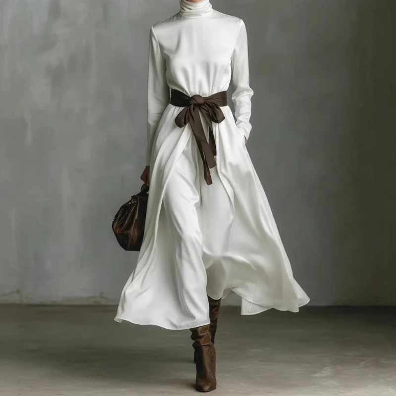 

Women's Stylish High Neck Long Sleeve Midi Dress with Contrast Belt