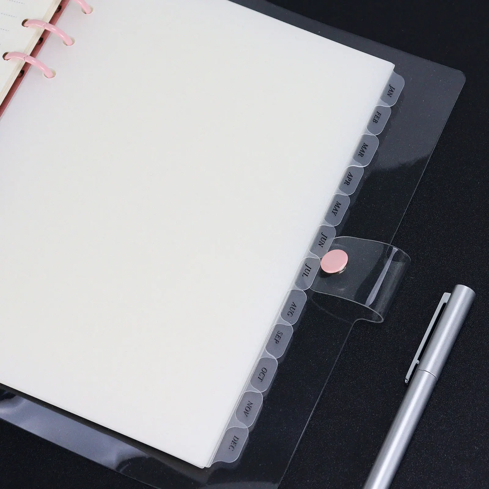 

12 прозрачных матовых разделительных листов формата А5 для блокнота с отрывными листами из полипропилена, сменные, с 6 отверстиями, в комплекте с ежемесячными разделителями.