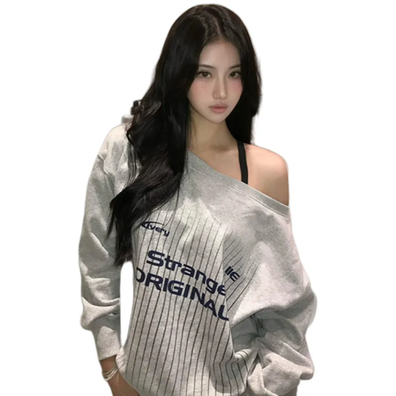 Spring Autumn Women's Gray Hoodie Retro Off Shoulder One Shoulder Style with Letter Print Stylish Long Sleeve Top