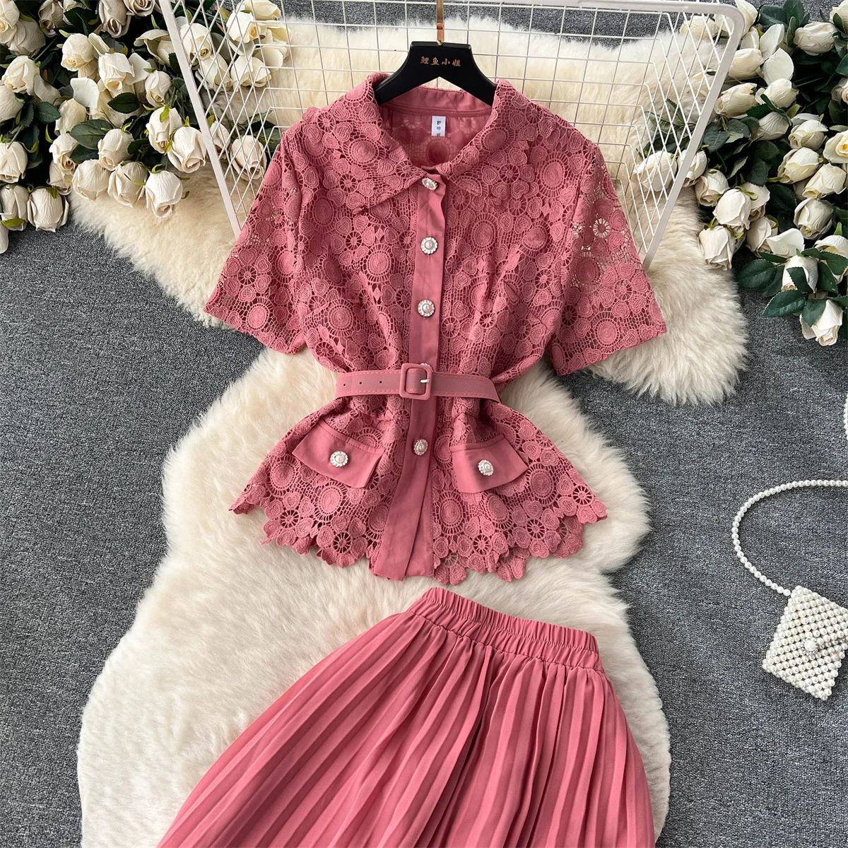 Women Chic French Two Pieces Sets Lapel Short Sleeve Shirt Elegant High Waitst A-line Pleated Skirt Chiffon Fashion  Summer Sets