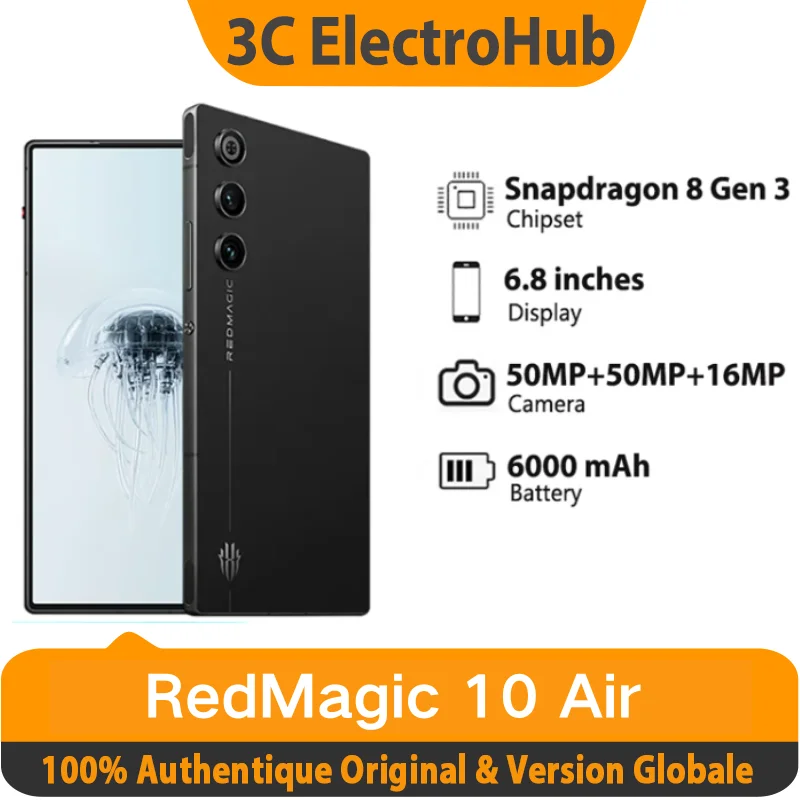 Nouveau Red Magic 10 Air global Edition smartphone, 6.8 pouces jusqu' 120Hz, Snapdragon 8 gen3, redcore r3, 6000mah 80W charge
