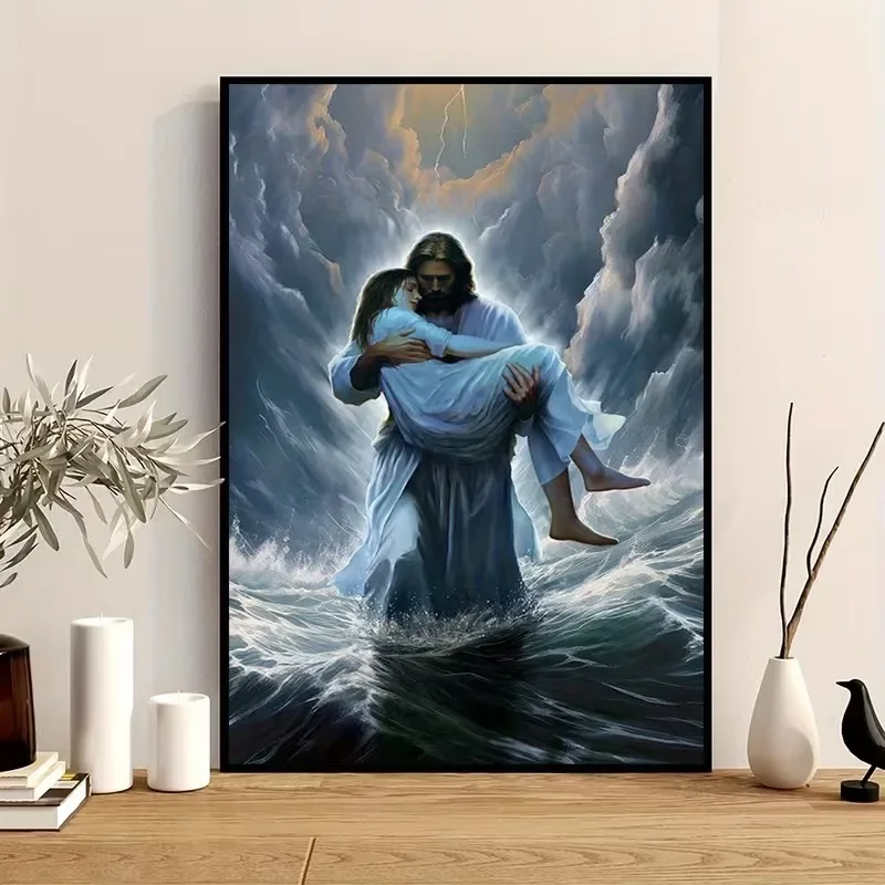 Multiple sizes 1pc frameless Canvas Painting,Jesus Embracing Woman Walk in Water Poster and Prints Canvas Painting Wall Art Pict