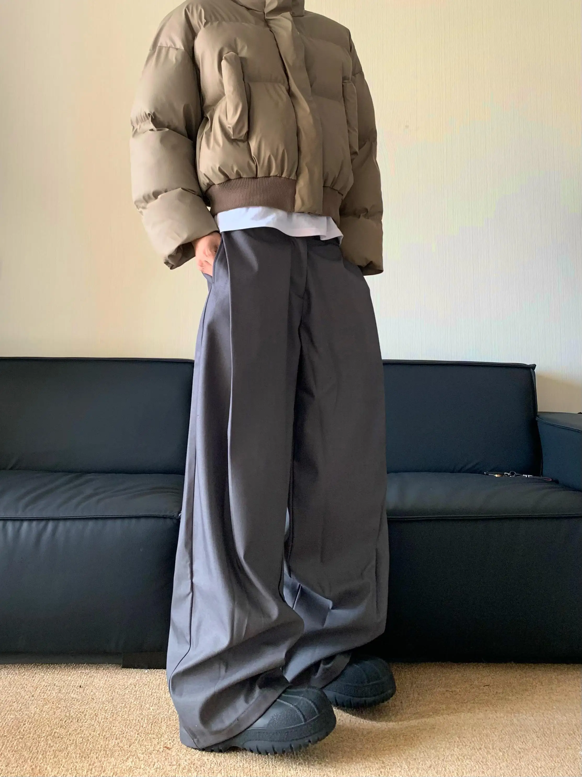 

Summer New ey Casual Wide Leg Pants Men Women Loose Fit Pleated Long Trousers Faionable Straight Cut Youth ular