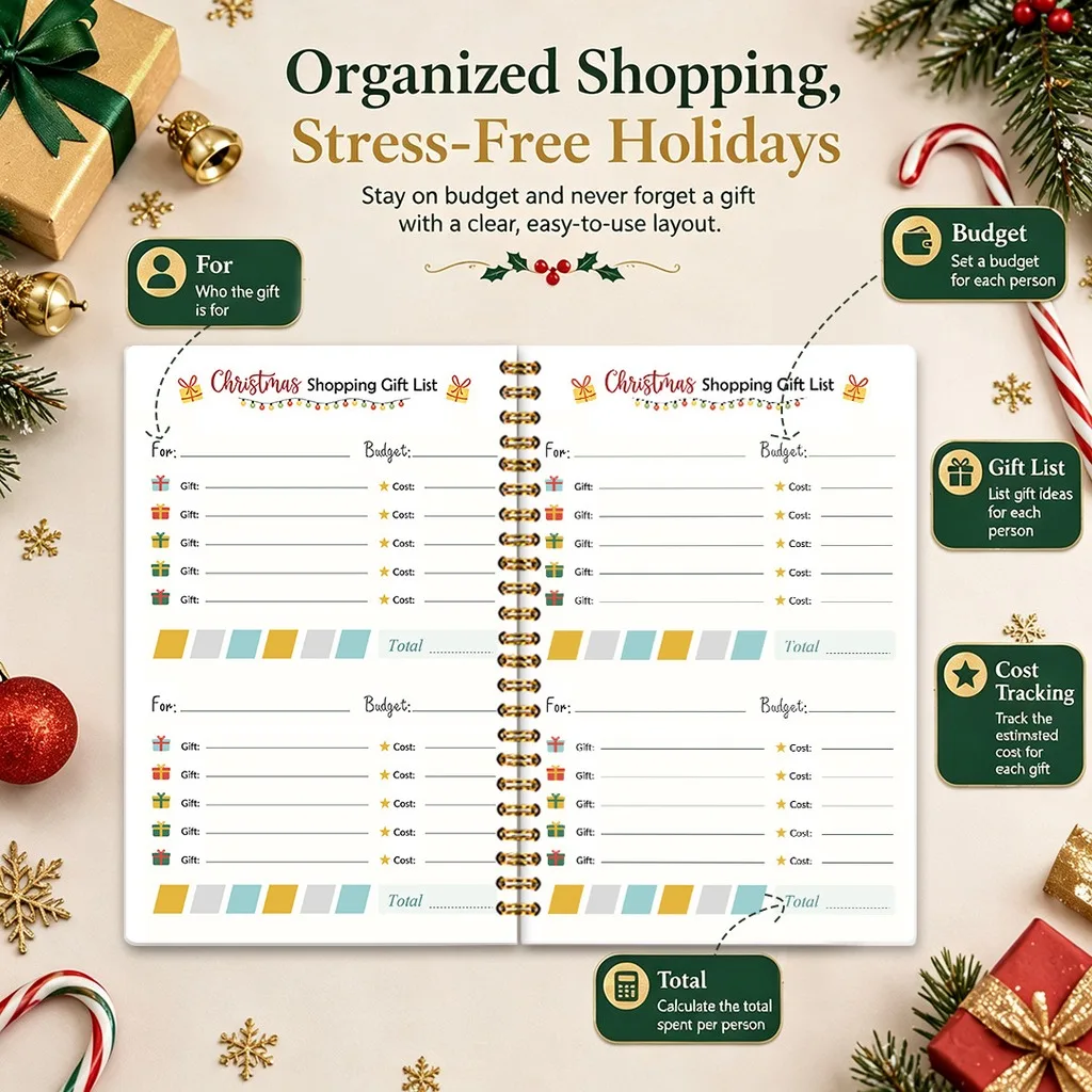 A5 Spiral Bound Christmas Shopping Gift List Notebook For Holiday Gift Budget & Cost Tracking Festival Chritmas Gift For Kids
