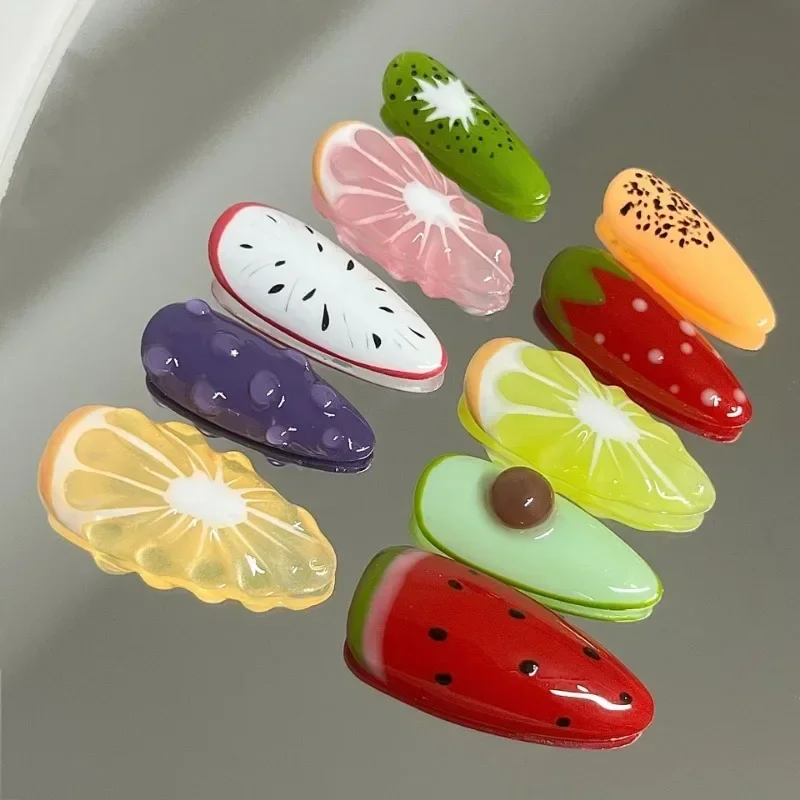 10 Stück handgemachte Sommerfrucht falsche Nägel mit Werkzeugen 3D Zitrone Cartoon Erdbeere realistische künstliche Nägel hochwertige Press on Nails