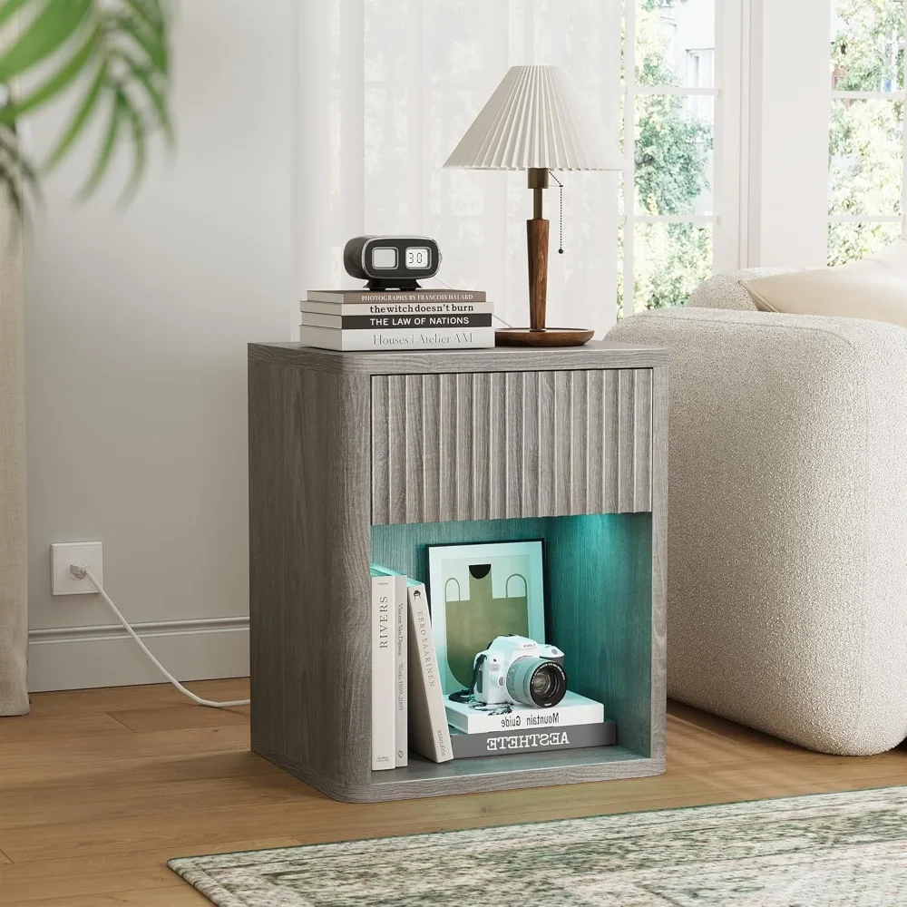 Set of 2 Nightstands, Nightstand with Charging Station & LED Light, Fluted Night Stand with Drawer, Mid Century Modern Bedside T