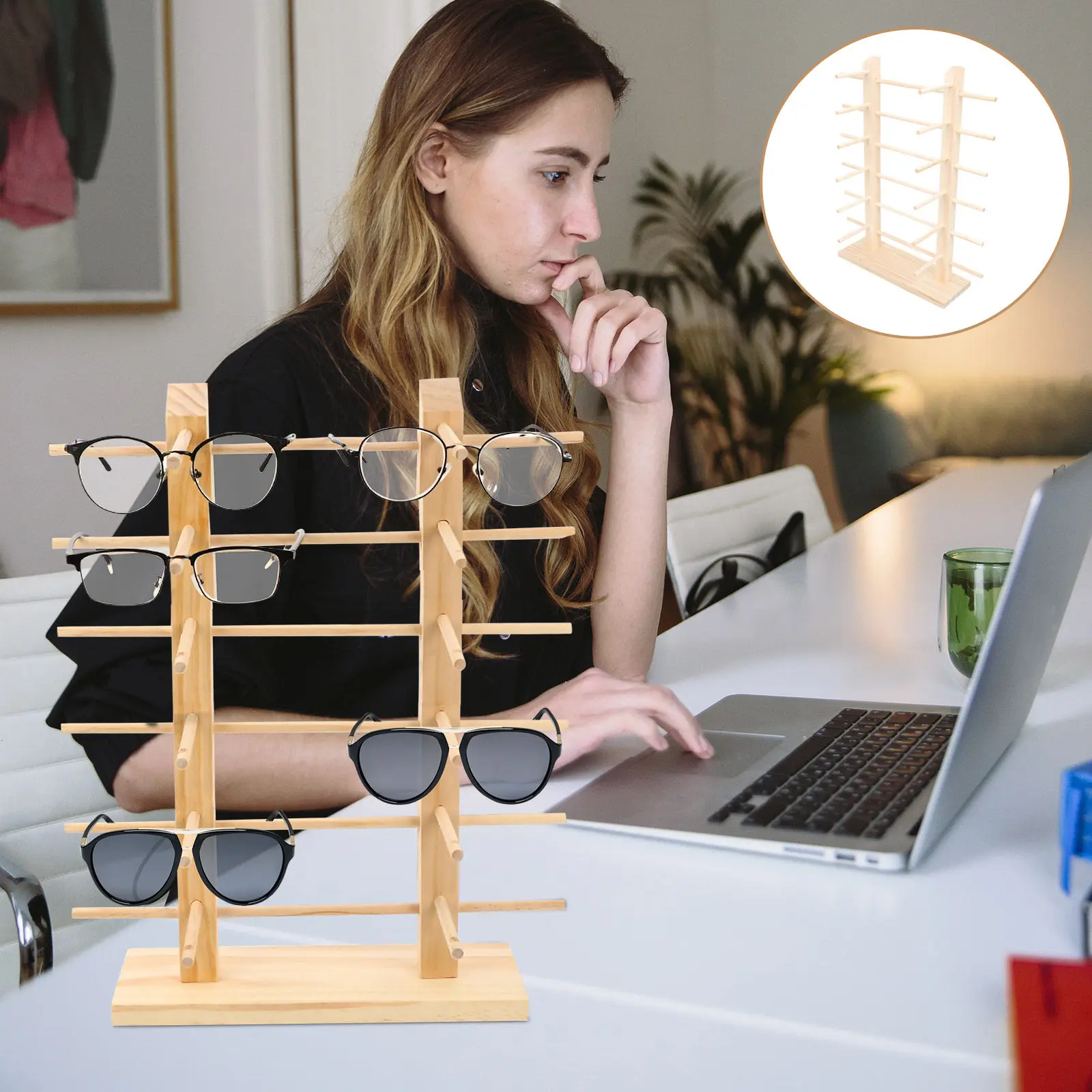 

Wood Sunglasses Holder Glasses Display Rack Large Capacity Sunglass Organizer Space Saving Desktop Glasses Storage Stand