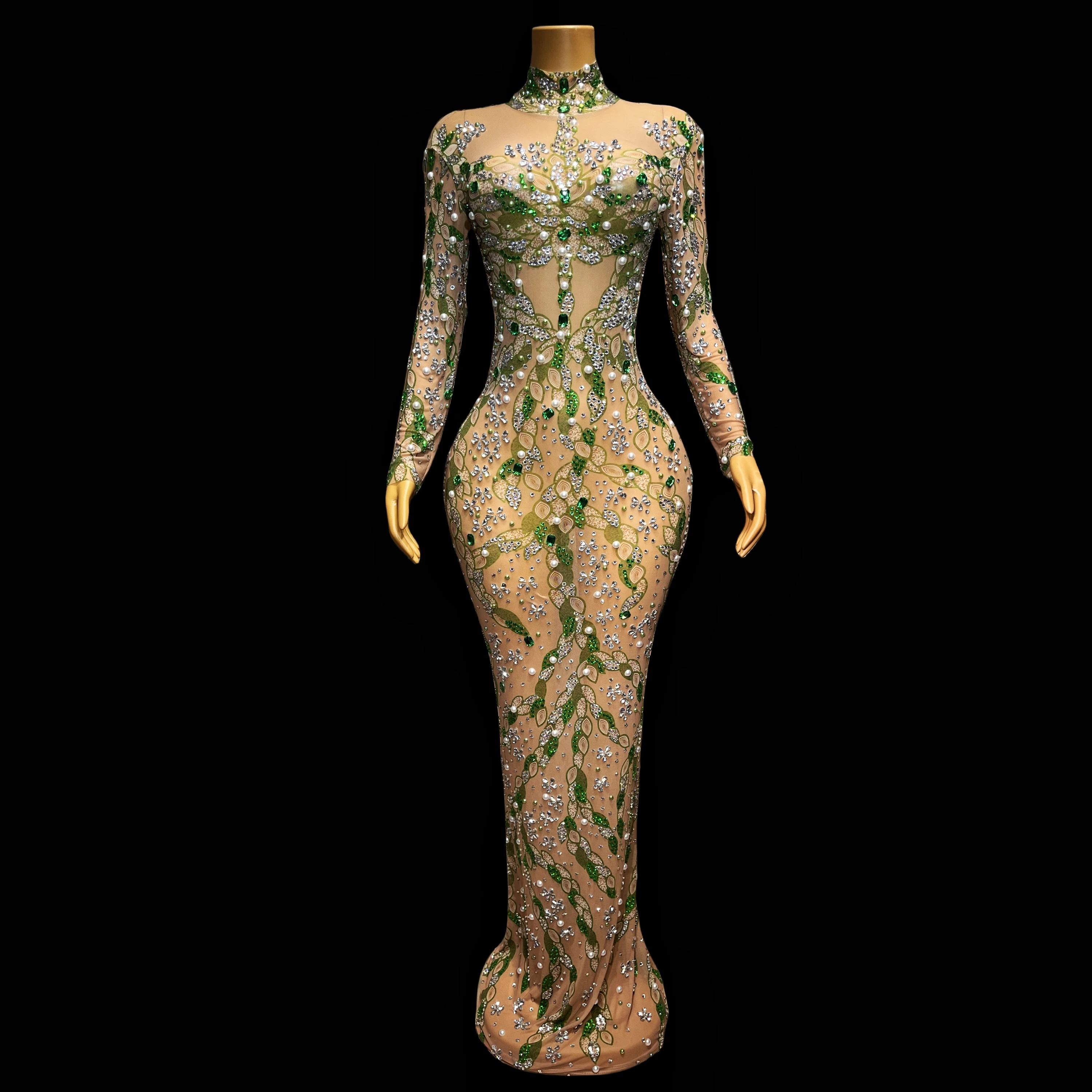 Strass verde transparente pérolas vestido, estiramento roupa, coleções de festa de baile, moda sexy, celebração do aniversário, primavera