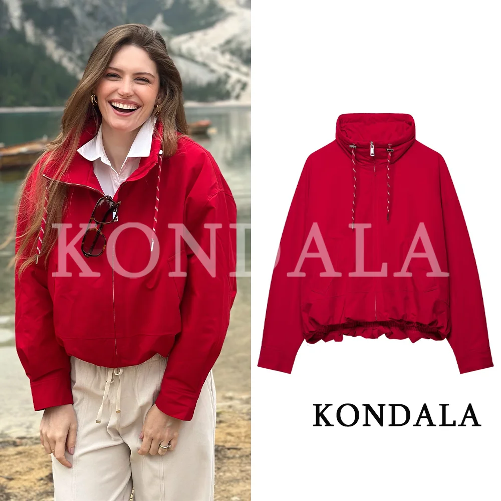 KONDALA Women Fall Winter Casual Jacket Coat Elegant Chic Stand-Collar Zip-up Red Jacket 2026 Trendy High Street Padding Jacket
