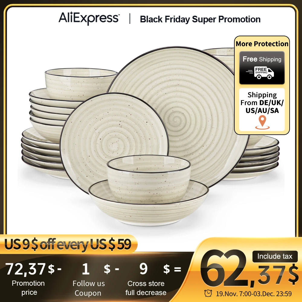 

vancasso 24/48 Piece Beige Plates Dinner Sets Ceramic Dinnerware Sets Handpainted Spiral With 6 Dinner Plate/Dessert/Soup/Bowl