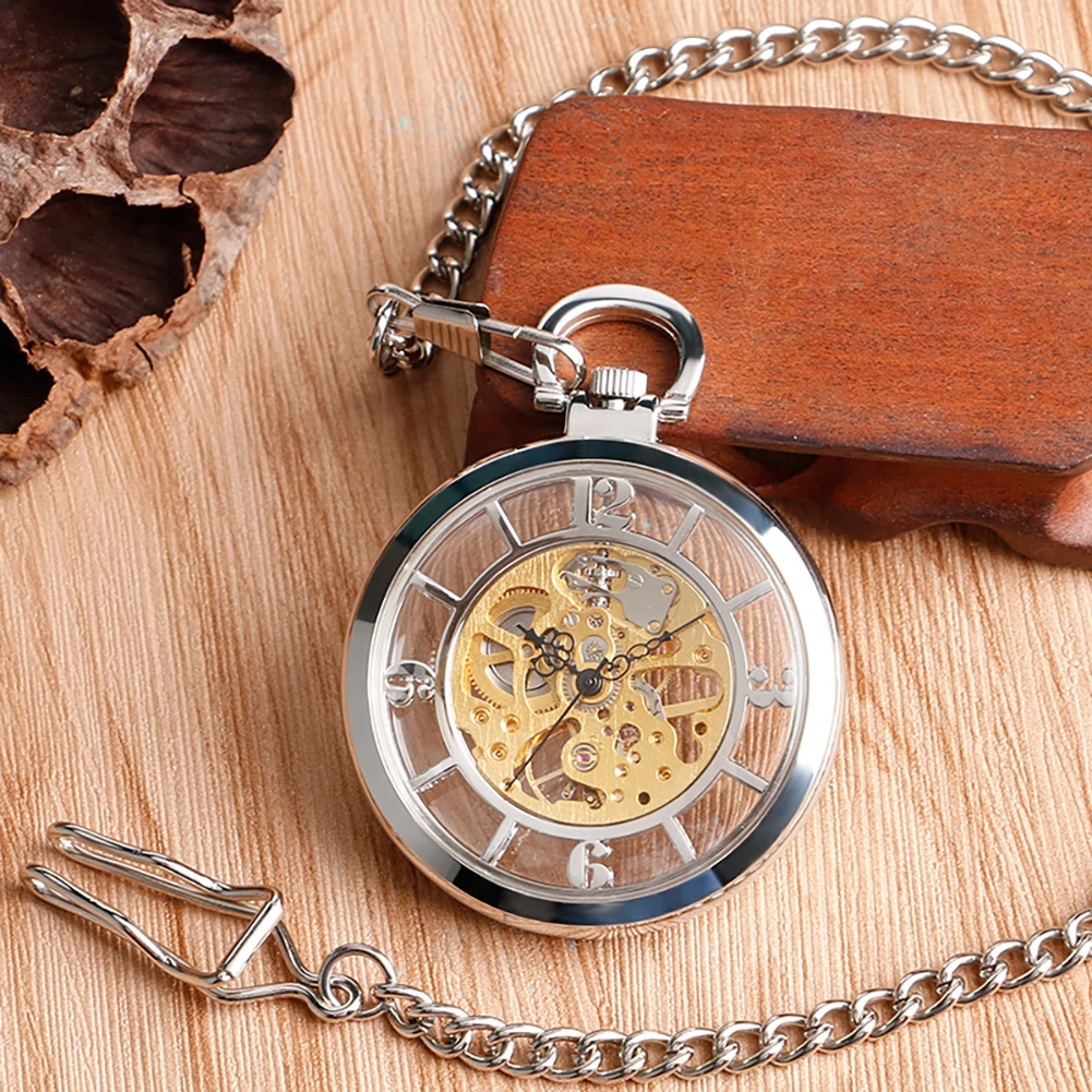 Manual Mechanical Pocket Watch Transparent Glass Arabic Numerals Display Silver Chain Pendant Pocket Clock Christmas Gift Men