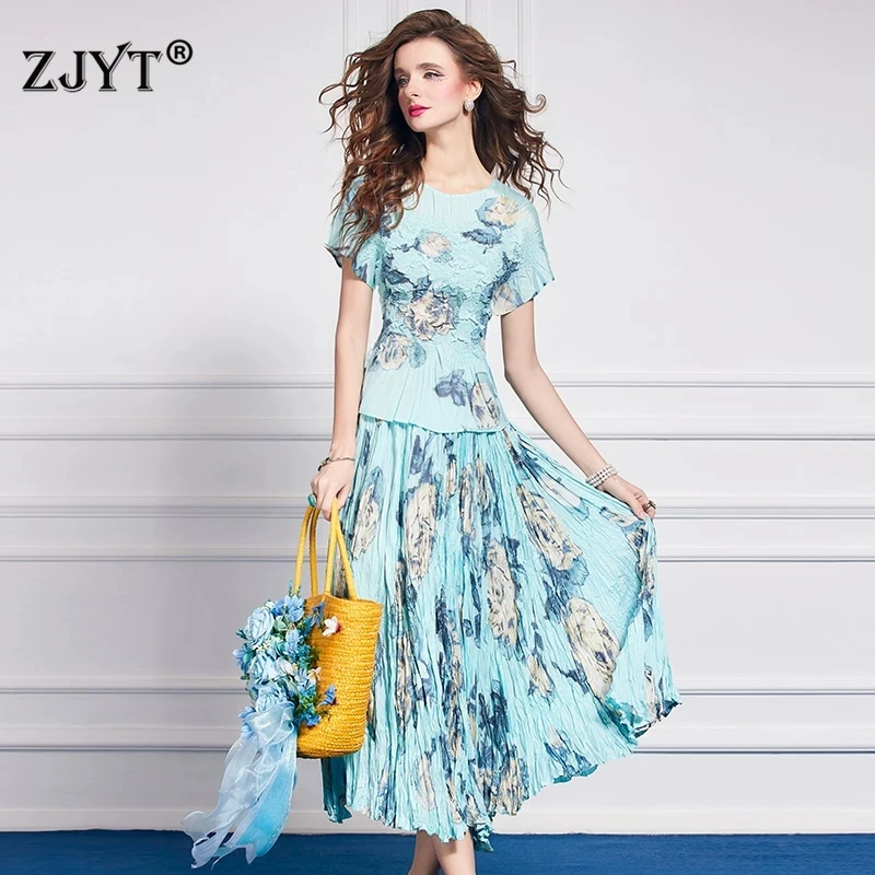

ZJYT Summer Floral Print Dress Sets 2 Piece Womens Outfit Elegant Holiday Short Sleeve Top and Skirt Suit Casual Matching Sets