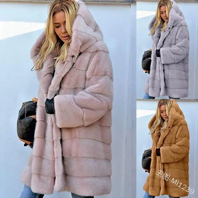 Plus Size 4XL 5XL Europe and America Medium Long Section Solid Pink Loose Plush Hooded Coat Faux Fur Winter Women Warm Jacket