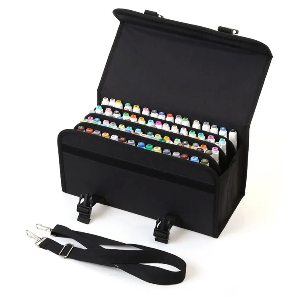 

120 Color Marker Bag Zipper Pen Storage Case High Capacity Storage Bag Pen Holder With Shoulder Strap (Black)