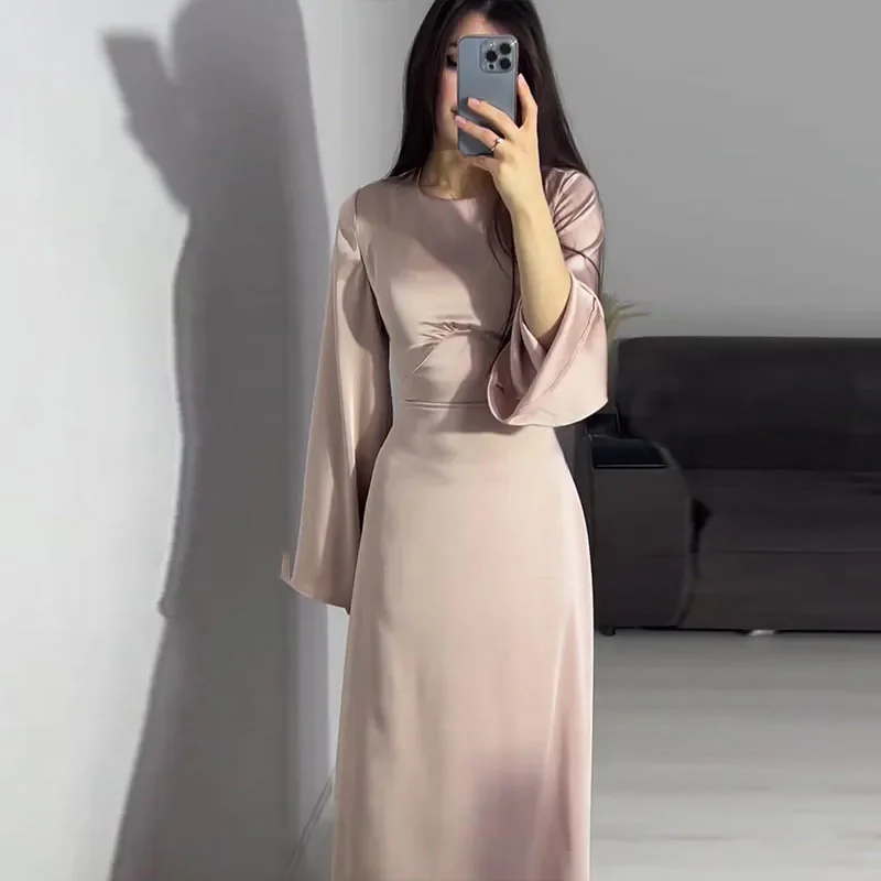 Women Clothing Lady Solid Satin Dress with Belt Femle Long Sleeve Elegant Long Dresses Partywear robes longues