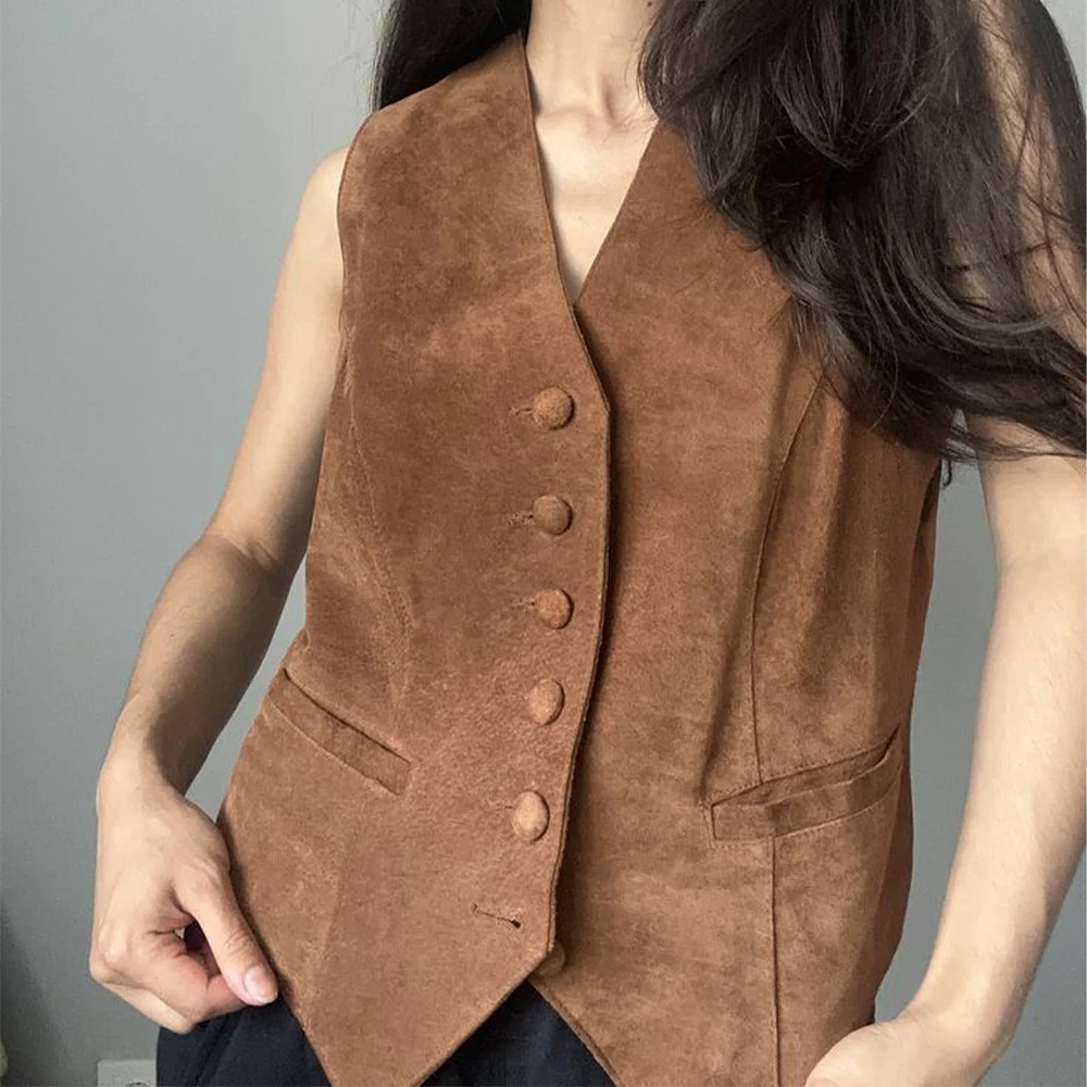 Suede Leather Women\'s Sleeveless Vest Woman Suits Vests Slim Fit Elegant Casual Jackets 2024 Autumn Coat Female Clothing Offer