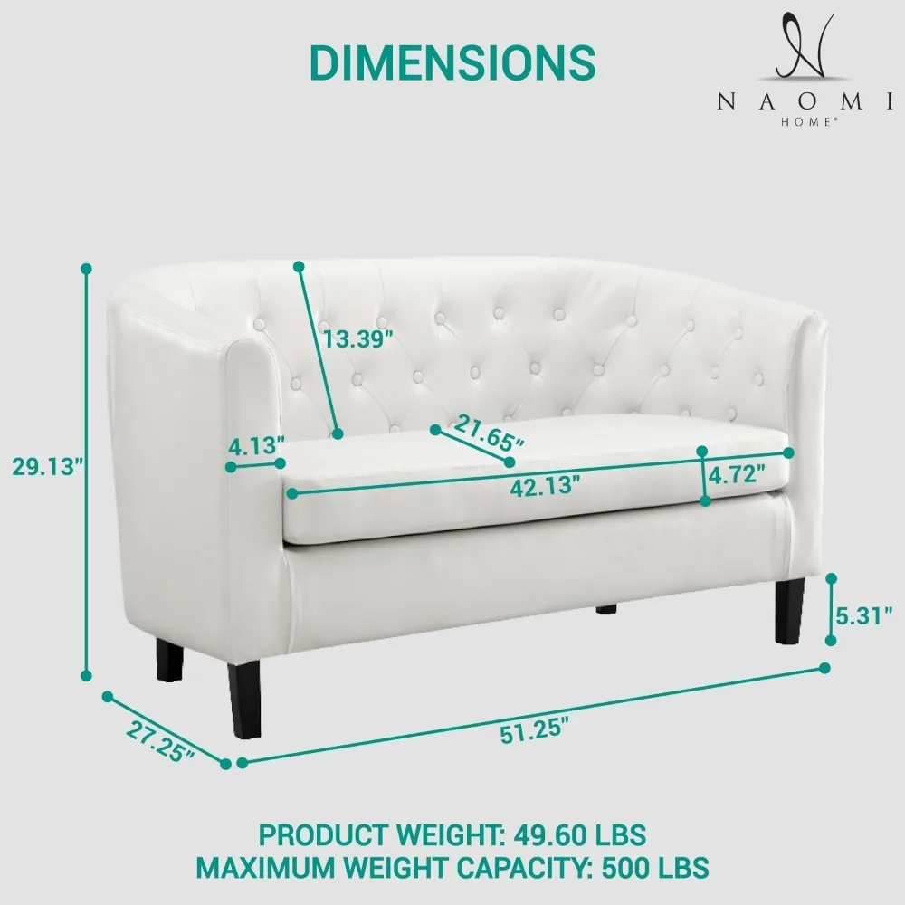 مقعد إيما لوف، مقعد أسطواني من الجلد الصناعي معنقدة بأزرار، أريكة حديثة في منتصف القرن بمقعدين، مقعد صغير للمساحة الصغيرة