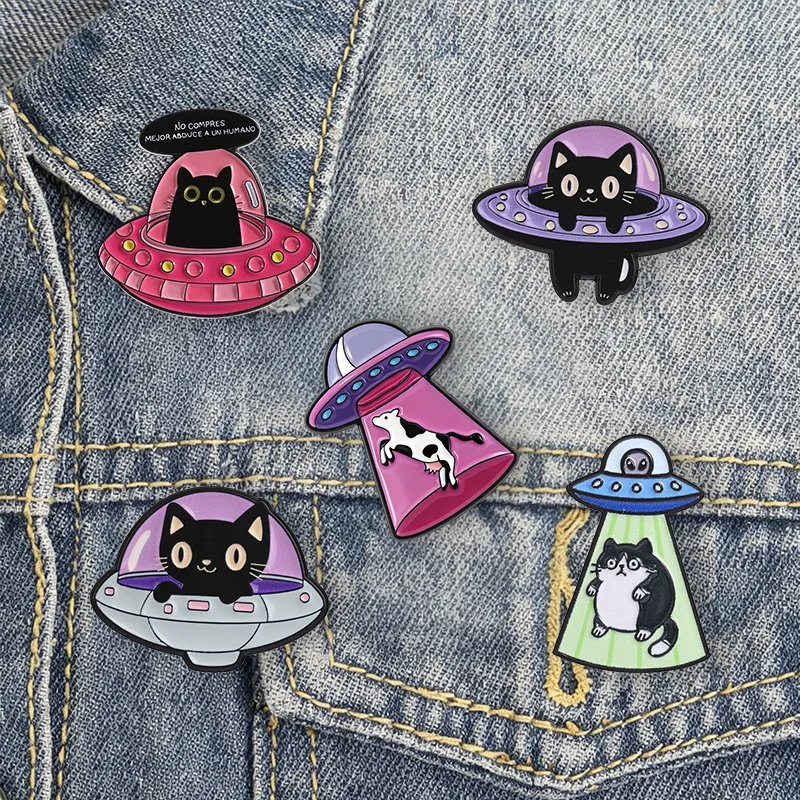 UFO Alien Ship Animal Enamel Pins Space Balck Cat Cow Brooch Lapel Badge For Sci-Fi Fan Backpack Accessory Gifts
