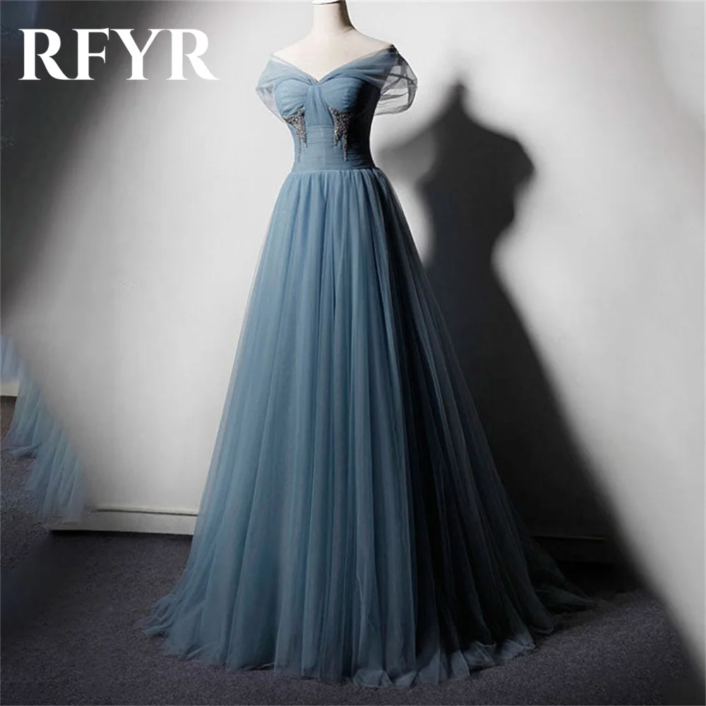 RFYR Blue A-line Evening Dresses Corset V-Neck Vestidos De Noche Tulle Prom Dress with Pleat Off The Shoulder Long Party Dress