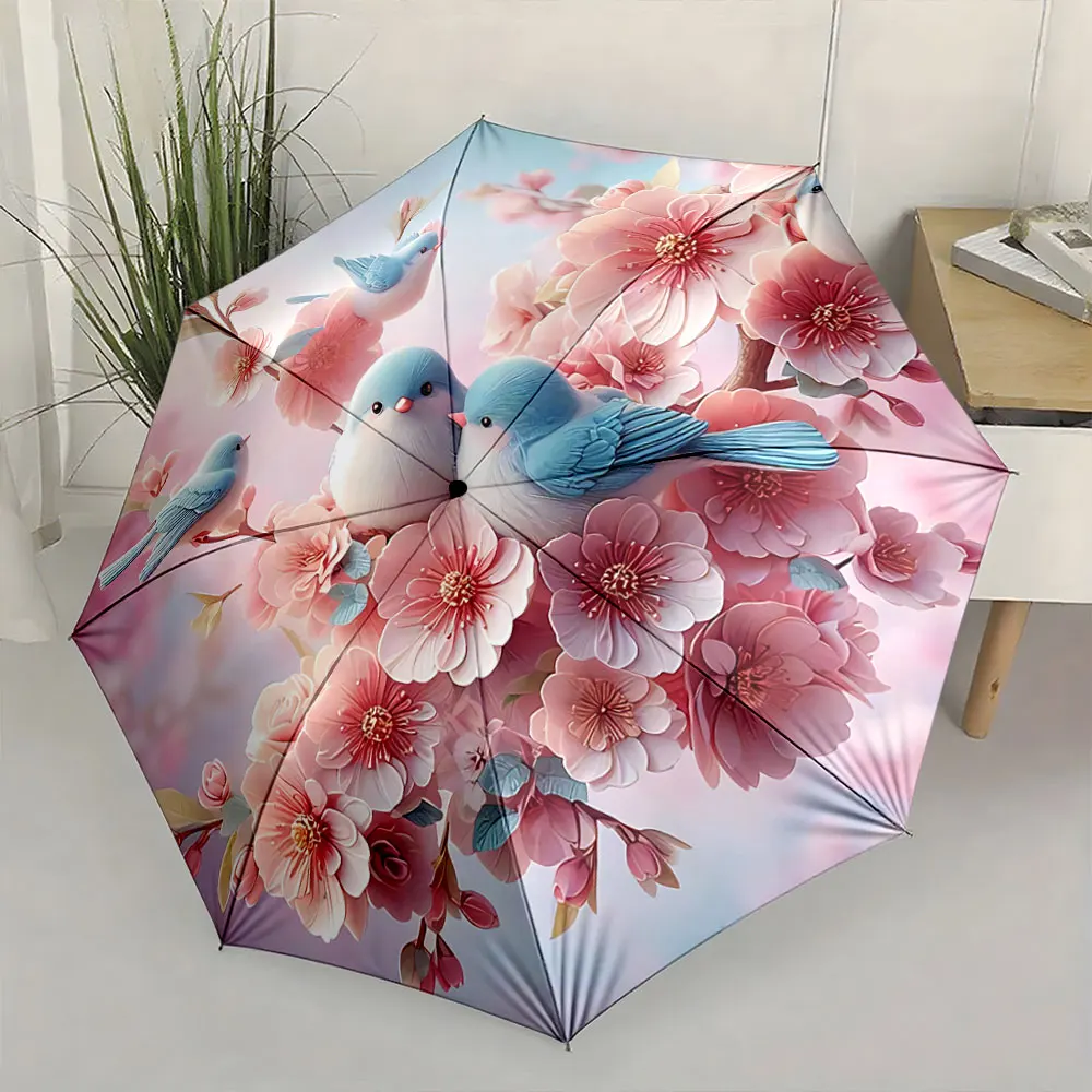 Gentle Bluebirds on Pink Blossom Background Compact Fashion Folding Umbrella for Daily Use, Christmas Gift