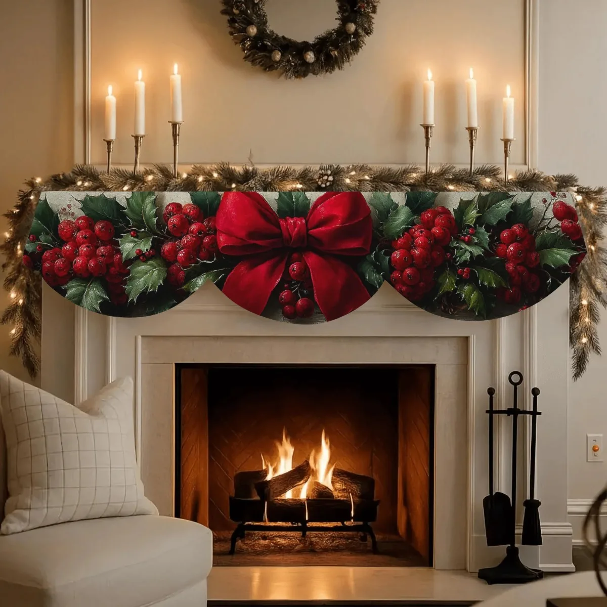 VIKAMA Fall Holly Berry Big Bow Fireplace Mantel Scarf Mantel Topper for Holiday Fireplace Shelf Winter Home Indoor Decoration