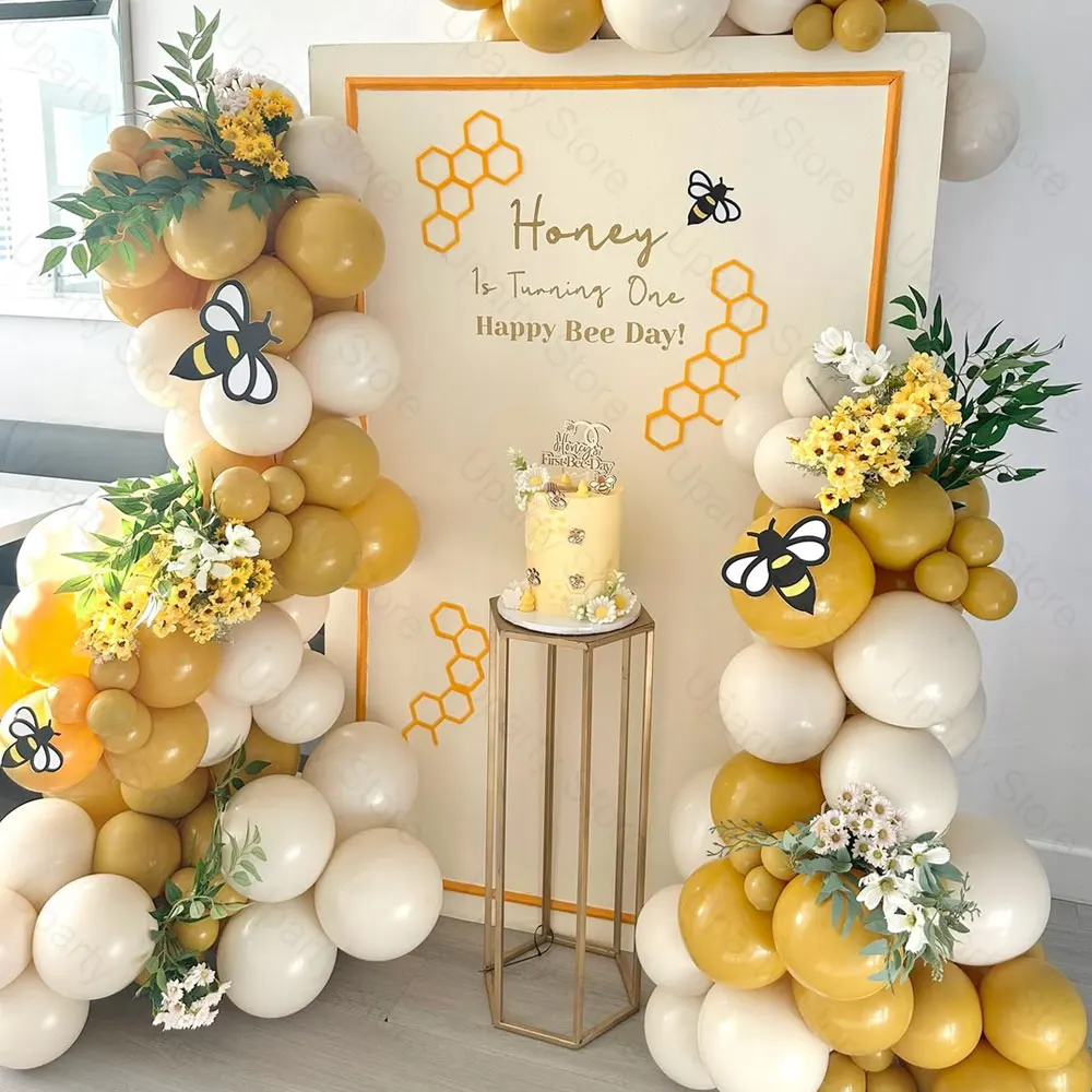 Senfgelbe Luftballons Bogen Boho Weißer Sand Senfgelbe Luftballons Girlande für Honigbiene Babyparty Sonnenblumen Geburtstagsdekoration