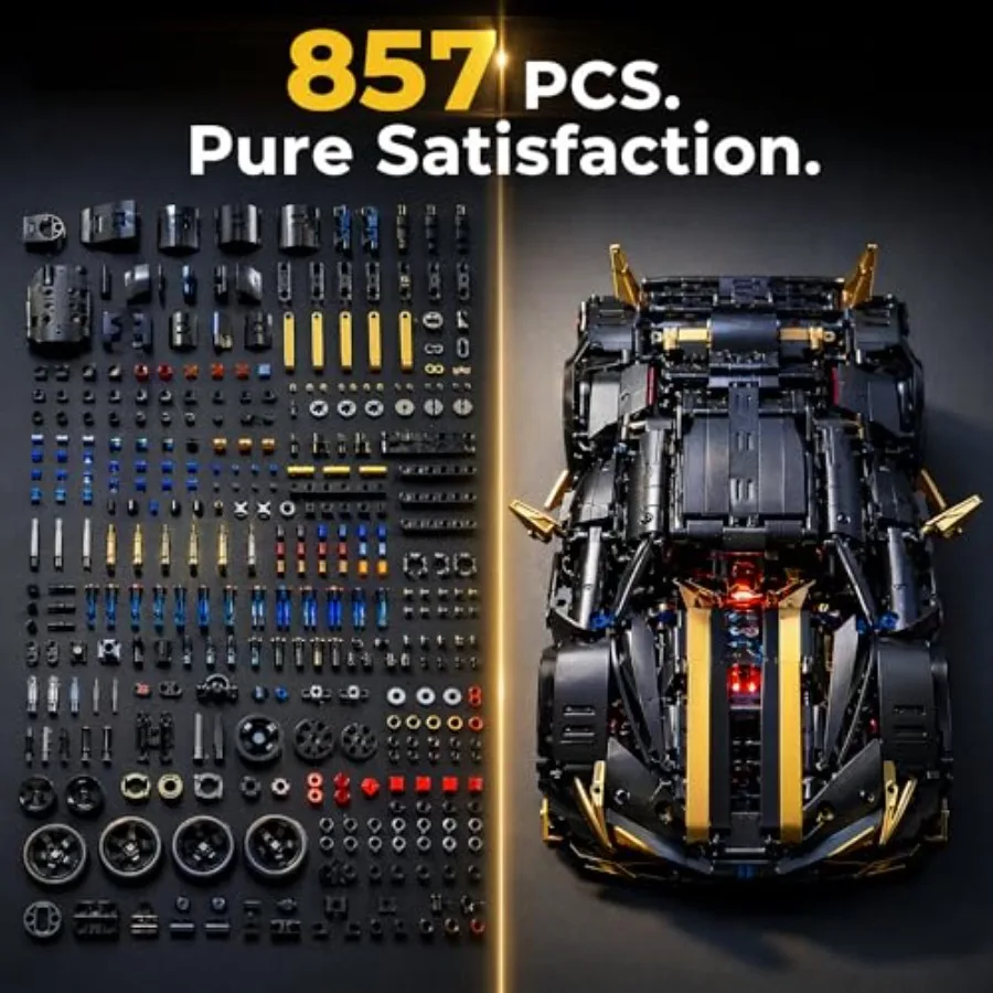RC Car Building Kit for creative building and exhibition, ABS plastic, black with blue LEDs, 857-piece app-controlled 1:14 mode