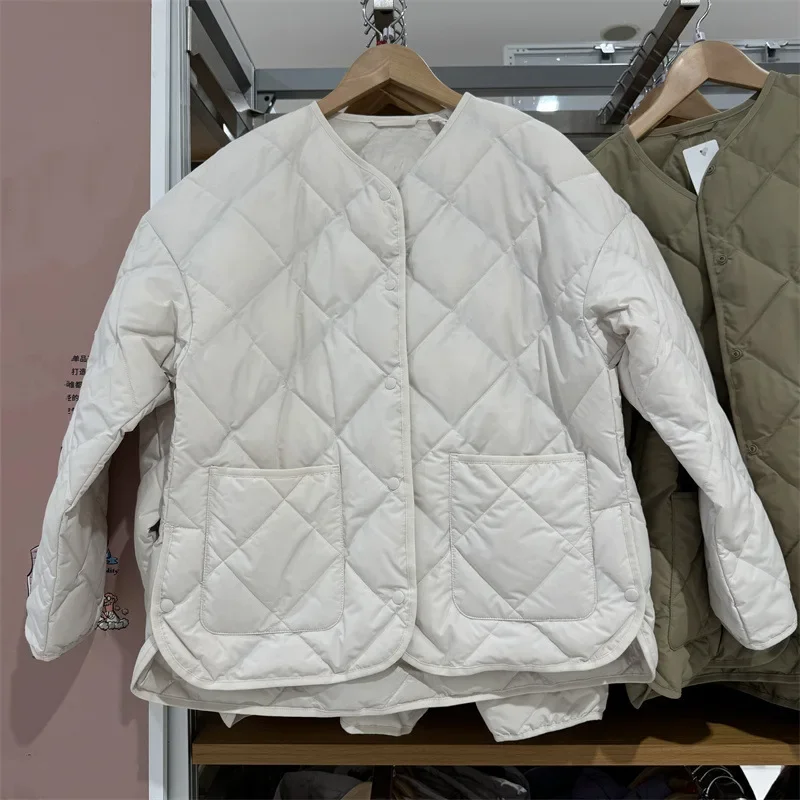 سترة نسائية فضفاضة غير رسمية من القطن الهوائي معطف برقبة دائرية نمط الماس للخريف والشتاء ملابس خارجية نسائية مريحة عصرية