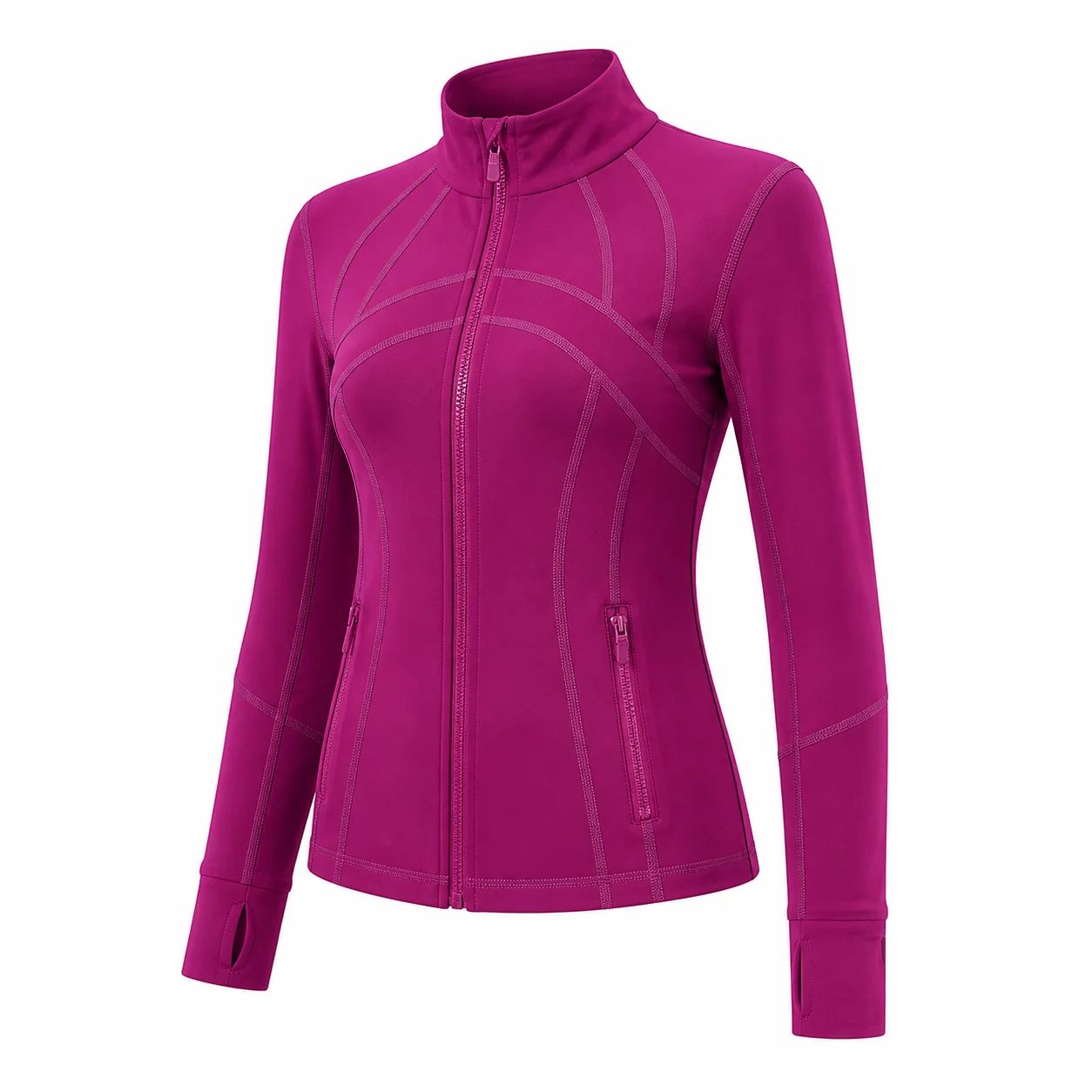 Women's Magenta Slim Fit Full Zip Sports Jacket Stand Collar Long Sleeve Thumbhole Workout Running Yoga Outerwear