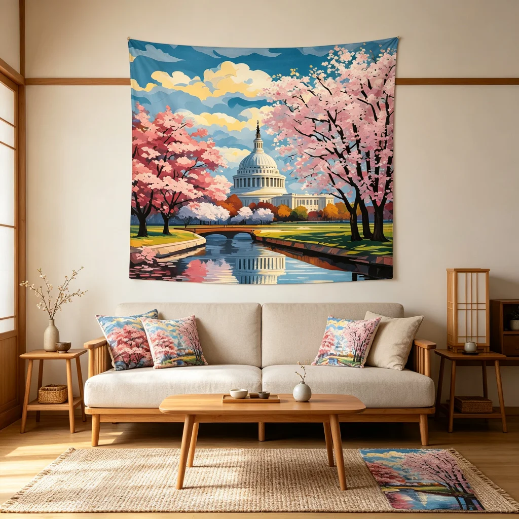 1PC Capitol Sakura River Art Print Backdrop Banner, Bedroom Living Room Photo Background, Polyester, Home Decor, Wall Art