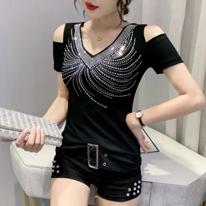 #7113 Black Off The Shoulder Tops For Women Spliced Mesh Sexy Womens Tshirt With Diamonds V-neck Summer Tops Basic T-shirt Femme