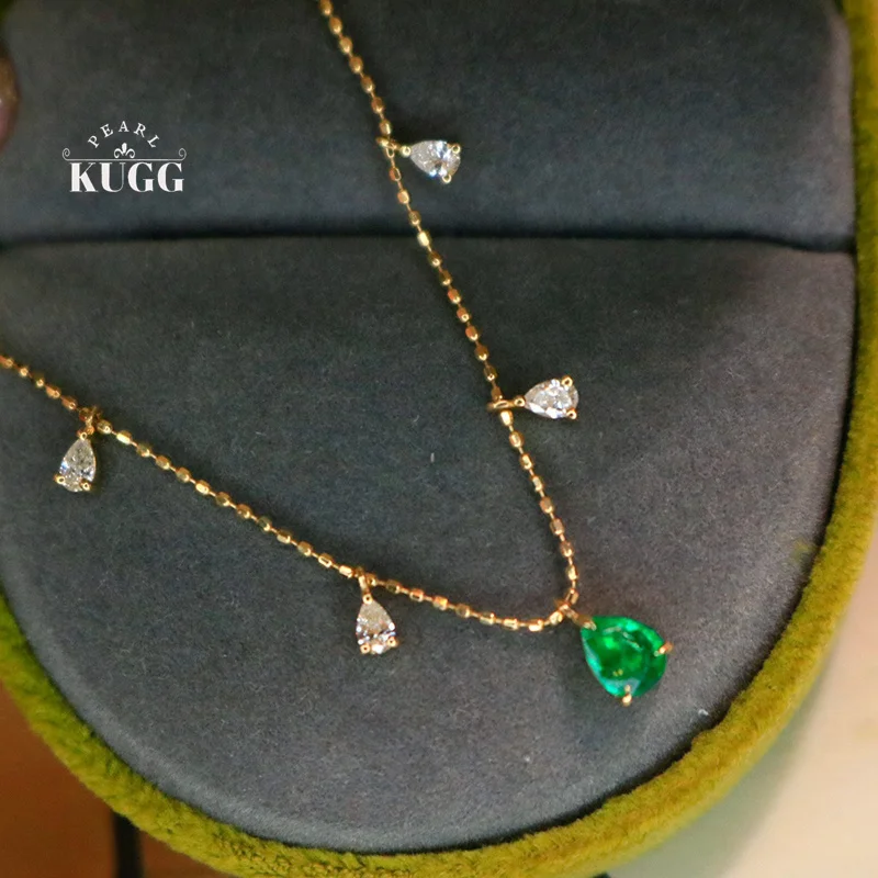 

KUGG 100% ожерелье из желтого золота 18 карат, романтическое элегантное стильное ожерелье с блестящими бриллиантами и натуральным изумрудом для женщин, подарок на день рождения