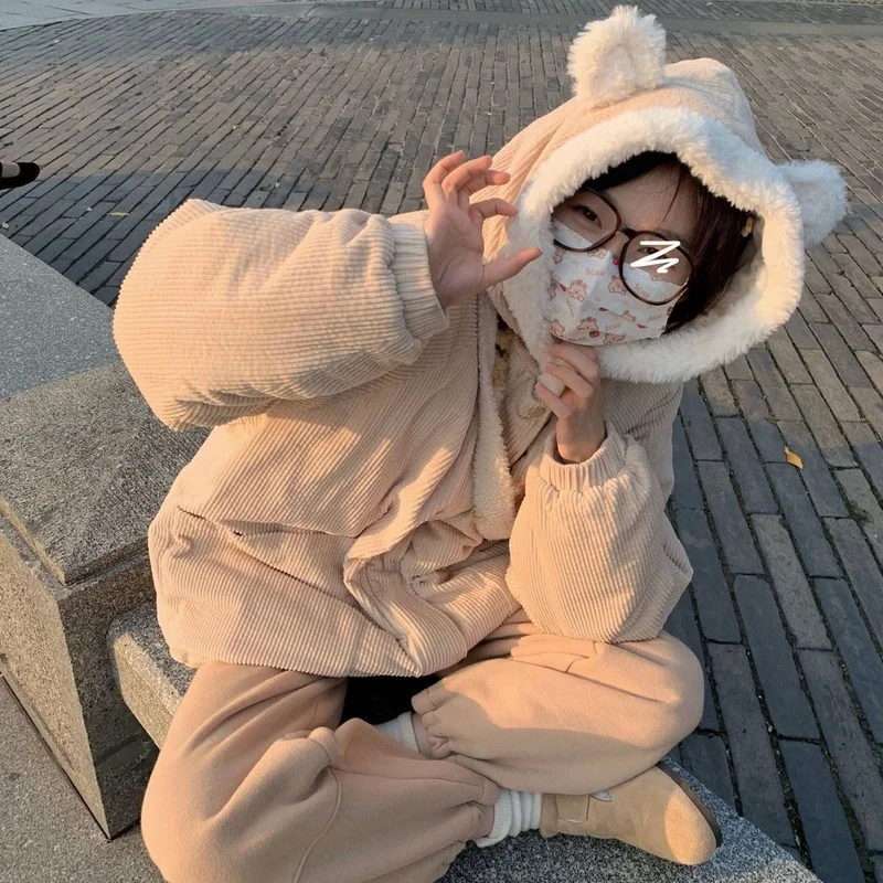 

Women's Corduroy Jacket New Thick Cute Embroidery Bear Snowman with Ears Hooded Cotton Jacket 2022 New Winter Cotton Jacket